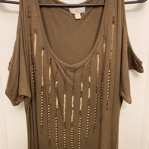 NWOT Olive/Tan Cold Shoulder Beaded Dress Size XL - Picture 2 of 3